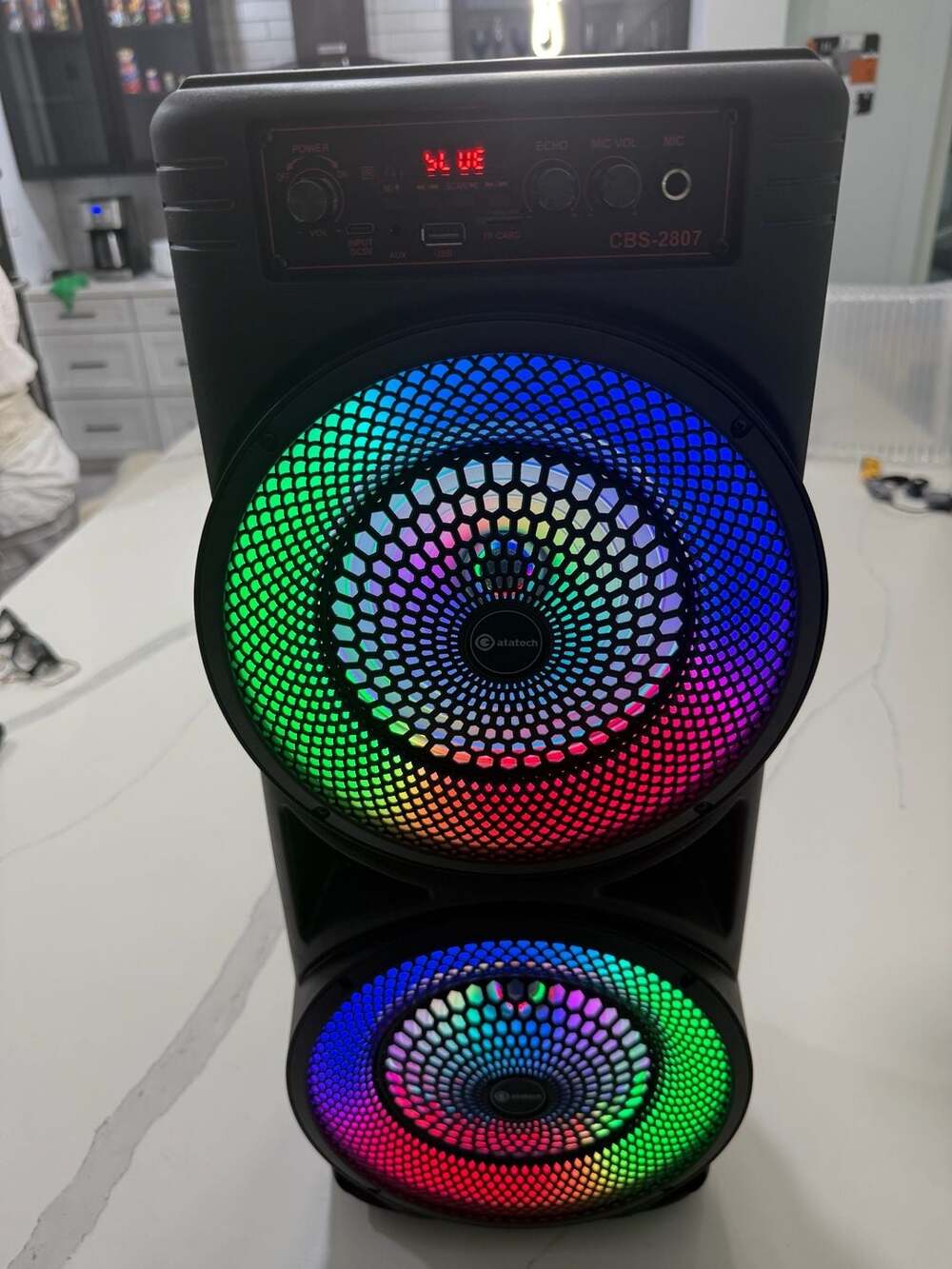 Atatech CBS-2807 Portable Bluetooth PA Speaker with Dual 8"" RGB Lights, Microph
